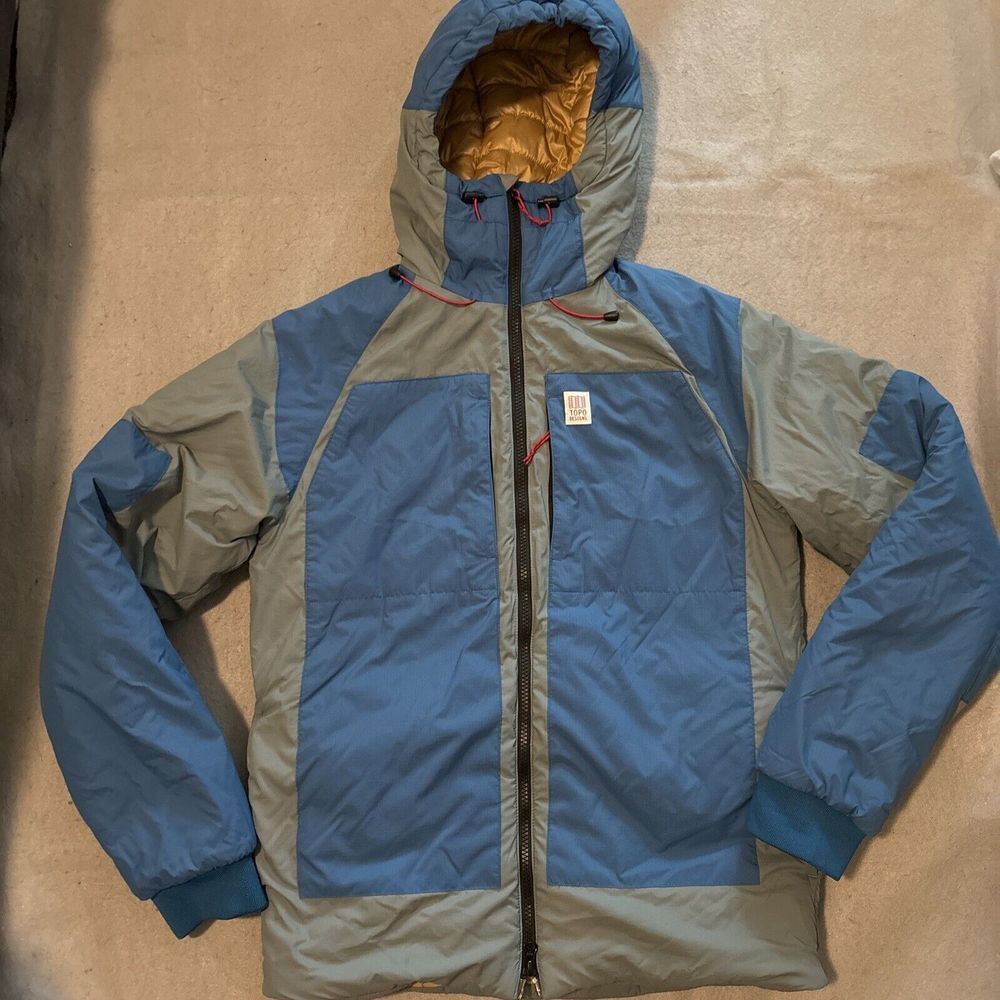 Topo Designs Blue and Gray Hooded Puffer Jacket with Gold Lining
